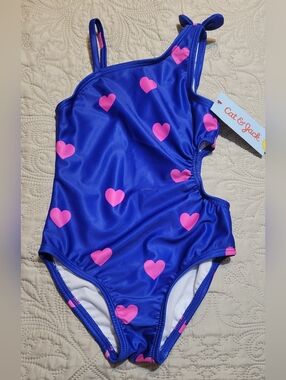 Cat & Jack Blue One-Piece Swimsuit with Pink Hearts